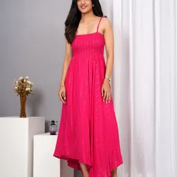 IQRAAR Women Shoulder Straps Smocked Detail Fit & Flare Maxi Dress-image-48