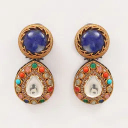 Exotic India Textured Chain Multicolor Stone Studded Long Necklace Set With Earrings image 3
