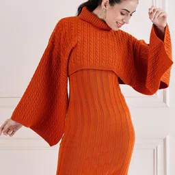 CREATIVE LINE Women Cape Sleeve Cable Knit Sweater Dress-picture-40