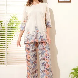 NIGHT FLOSS Floral Printed Notch Neck Three-Quarter Sleeves Linen Tunic & Palazzos-picture-18