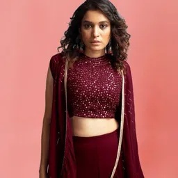 PARROT CREATION Geometric Embroidered Halter Neck Crop Top With Palazzos & Shrug image 3