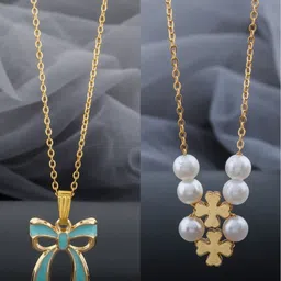 Birado Jewellery Set Of 2 Stainless Steel Gold-Plated Pearls Beaded Pendants With Chains-picture-20