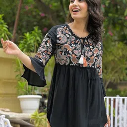 Divena Embroidered Tie-Up Neck Bell Sleeve Peplum Top-picture-37