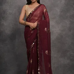 DIVASTRI Floral Mirror Work Poly Georgette Saree-picture-19