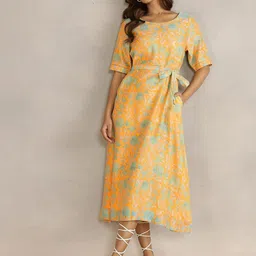 Fabindia Women's Yellow Printed Round Neck Elbow Sleeves A-Line Dress-picture-11