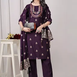 DIVASTRI Women Floral Embroidered Regular Thread Work Kurta with Trousers & With Dupatta-image-23