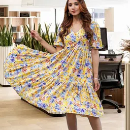 Ambraee Women Floral Print Puff Sleeve Buttercup Yellow Floral Fit and Flare Dress-image-88