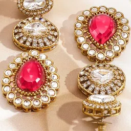 Rubans 22K Gold-Plated CZ Stones Studded & Beaded Necklace & Earrings & Maang Tika image 4