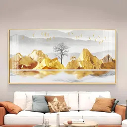THE NEXT DECOR Gold-Toned & White Mountains & Birds Wall Painting-image-49