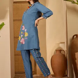 Sangria Floral Embroidered Shirt Collar Tunic & Trouser Co-Ord Set image 3