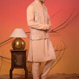Rangkathaa Men Geometric Embroidered Mirror Work Regular Pure Silk Kurta with Trousers image 5