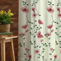 URBAN SPACE White & Red 2 Pieces Floral Printed Sheer Window Curtains image 5