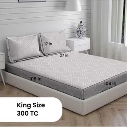 MUSH Grey & White Geometric 300 TC Pure Bamboo King Bedsheet with 2 Pillow Covers image 3