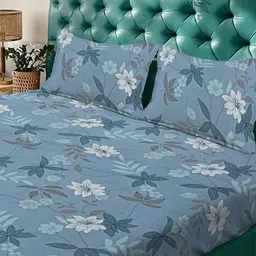 Arrabi Blue & White Floral 350 TC King Bedsheet with 2 Pillow Covers image 4