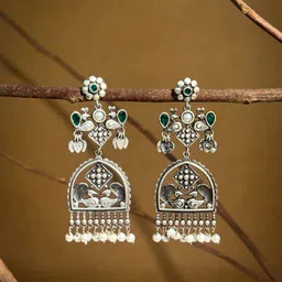 NAMAN ARTS Silver-Plated Artificial Stones Studded & Beaded Oxidised Drop Earrings-picture-13