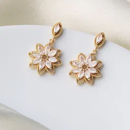 Avyana Gold Plated CZ Studded Floral Drop Earrings-image-0