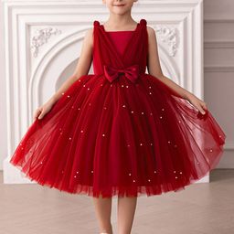 INCLUD Girls Embellished Square Neck Knee Length Fit & Flare Dress With Bow-picture-17