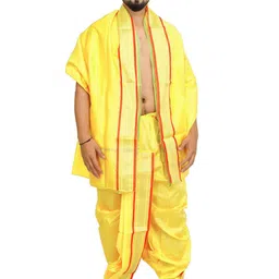 Exotic India Men Art Silk Ready to Wear Dhoti and Veshti Set with Woven Golden Border-picture-30