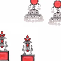 Anouk Set Of 2 Silver-Plated Artificial Stones and Beaded Contemporary Drop Earrings image 4