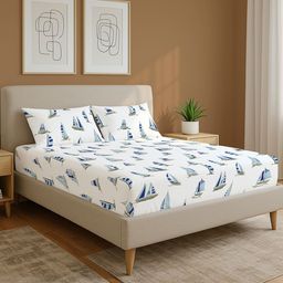 URBAN SPACE White & Blue Cartoon Characters 144 TC King Bedsheet with 2 Pillow Covers-picture-32
