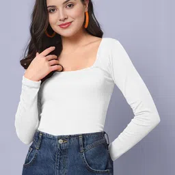 Maheshvi Sakira Women Ribbed Square Neck Long Sleeves Fitted Top-image-0