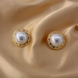 VAGHBHATT Gold-Plated Textured Rim Pearls Studded Circular Studs image 3