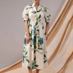 JISORA Women's Floral Printed Puff Sleeves Cotton Flex Shirt Dress-image-53