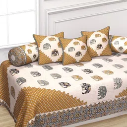 INDHOME LIFE 6Pcs White & Brown Printed Pure-Cotton 190TC Breathable Diwan Set-picture-22