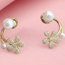 Vembley Gold Plated Flower Pearl & Cubic Zirconia Studded Studs Earrings image 3