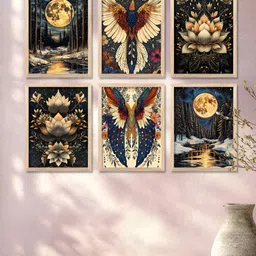 WALLLANE Traditional Brown & Blue 6 Pieces Floral And Botanical Wooden Wall Art-image-54