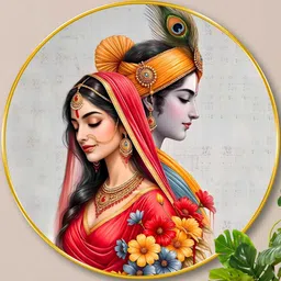 Livin'luxe White & Red MDF Radha Krishna Divine Couple Round Wall Art Art 20" x 20" image 2