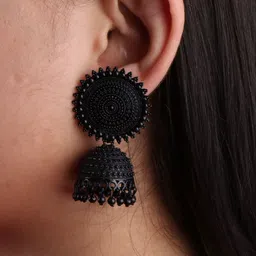 VIKESA Gold-Plated Kundan Studded & Artificial Beaded Dome Shaped Jhumkas image 2