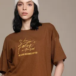 Women Printed Round Neck Pure Cotton Brown T-Shirt-image-46