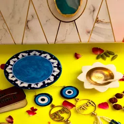 HOMEARTE Blue & White Printed Pottery Choki, Door Hangings & Marble Diya Set image 3