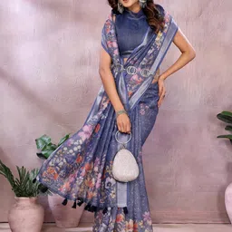 JYA Floral Printed Linen Shimmer Saree With Blouse Piece image 5