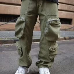 Powerlook Men Cotton Mid-Rise Loose Fit Cargo Trousers-image-0