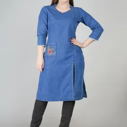 VG5 Ethnic Motifs Embroidered V-Neck Thread Work Denim Thread Work Kurti image 4