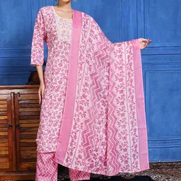 Meena Bazaar Floral Printed Round Neck Straight Kurta With Trousers & Dupatta-picture-14