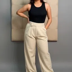 HIGH BUY Women Tailored Loose Fit High-Rise Pleated Plain Trousers image 2