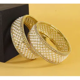 zulka ZULKASet of 2 Premium Metal White Moti Pearls & Diamond Kada Bangles image 3
