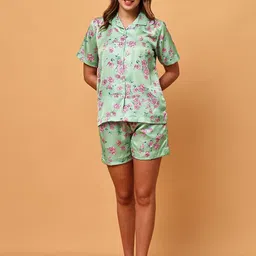 Blissence Floral Printed Lapel Collar Shirt & Short Satin Night Suit-picture-32