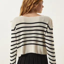 Happiness istanbul Women Krem Striped Boat Neck Long Sleeves Pullover Sweater image 2