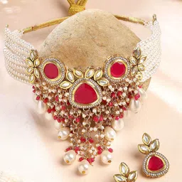 KARATCART Women Gold-Plated Polki Kundan Studded Choker Necklace With Earring Set-picture-41