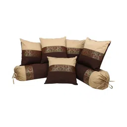 DECOWAT Brown & Red 7 Pieces Self Design Pure Silk Square Cushion Covers-picture-20