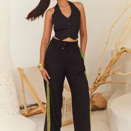 Urban Suburban Women Black Relaxed Linen Pants with Contrast Tape Detail Trousers-picture-29