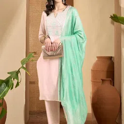 Sangria Women Embroidered Chanderi Cotton Kurta & Palazzos & Dupatta Kurta Sets-image-53