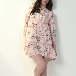 SHOWOFF Women Floral Print Tie-Up Neck Puff Sleeve Crepe A- Line Mini Dress-picture-10