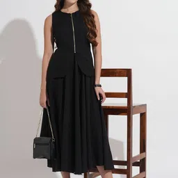 Murcia Women Black Solid Linen Blend Waistcoat With Flared Skirt Co-Ord Set image 1