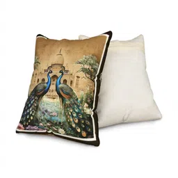 JAIPUR FABRIC Festive Brown & Green Peacock Printed Jute Square Cushion Covers image 2