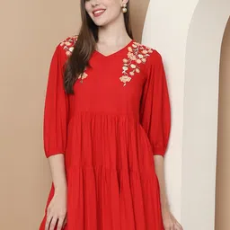 Indian Needle Women Floral Embroidered Puff Sleeve A-Line Dress-picture-31